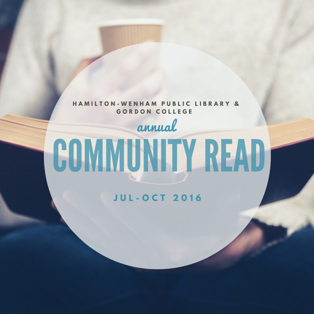 Hamilton-Wenham Public Library and Gordon College Annual Community Read transparent logo with a lap and an open book